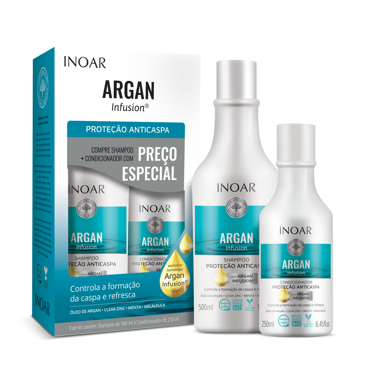 INOAR Argan Infusion Anti-dandruff Duo Kit - taukainas, pārslainas galvas ādas kopšanas komplekts 500 ml+250 ml